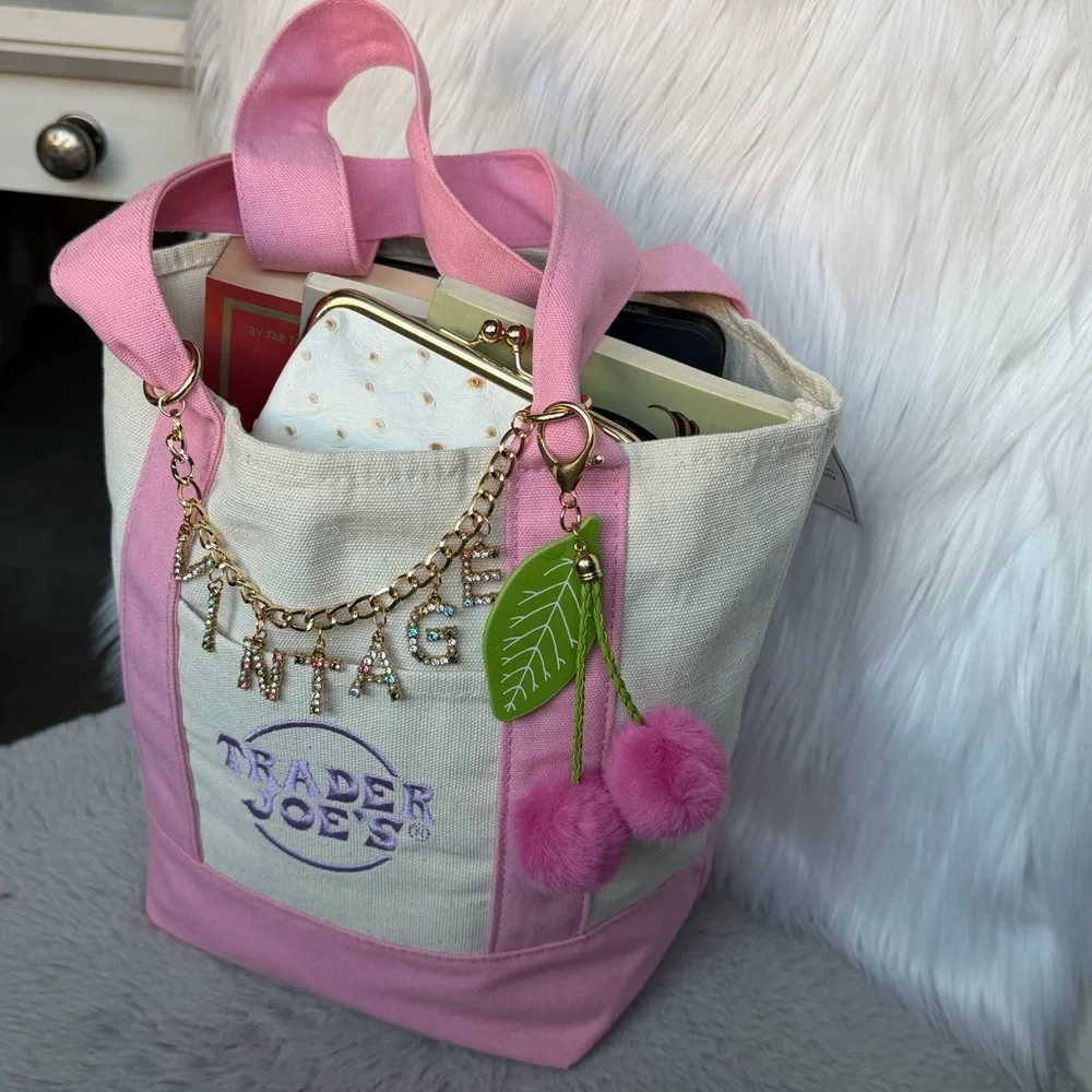 2026 Limited Edition Trader Joe’s Mini Pink Canvas Tote ‘VINTAGE’ & Cherry Charm - Picture 11 of 11